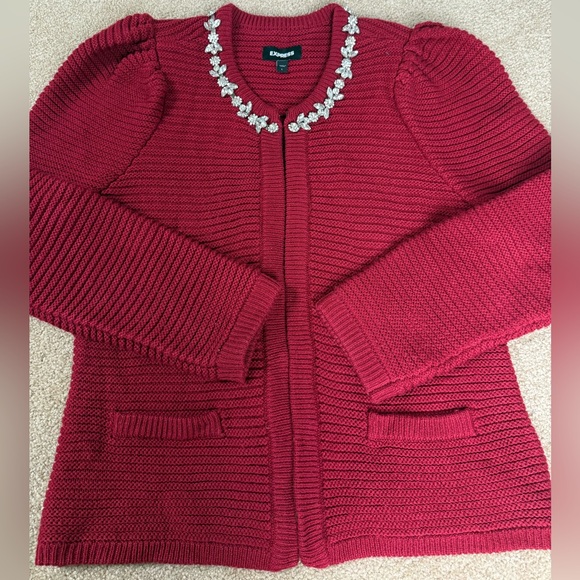 Express Red Jewel Embellished Holiday Christmas Cardigan Sweater Women’s L‎ - Picture 5 of 11